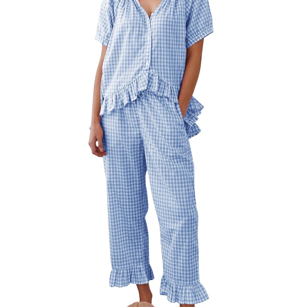 Gingham Pajama Set 2 Piece Cotton Pjs Y2k Chic Ruffle Sleepwear Loungewear